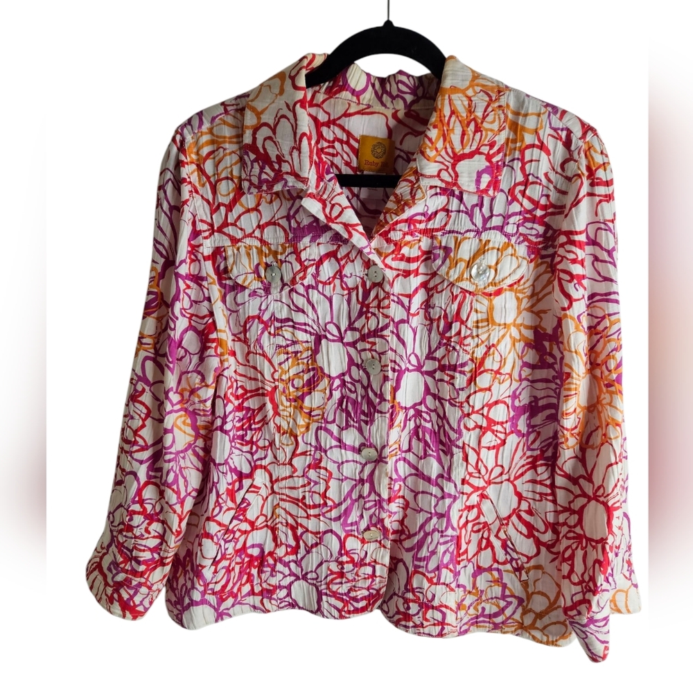 Ruby Rd. Womens Jacket Size 14 Floral Pink, Orange & White